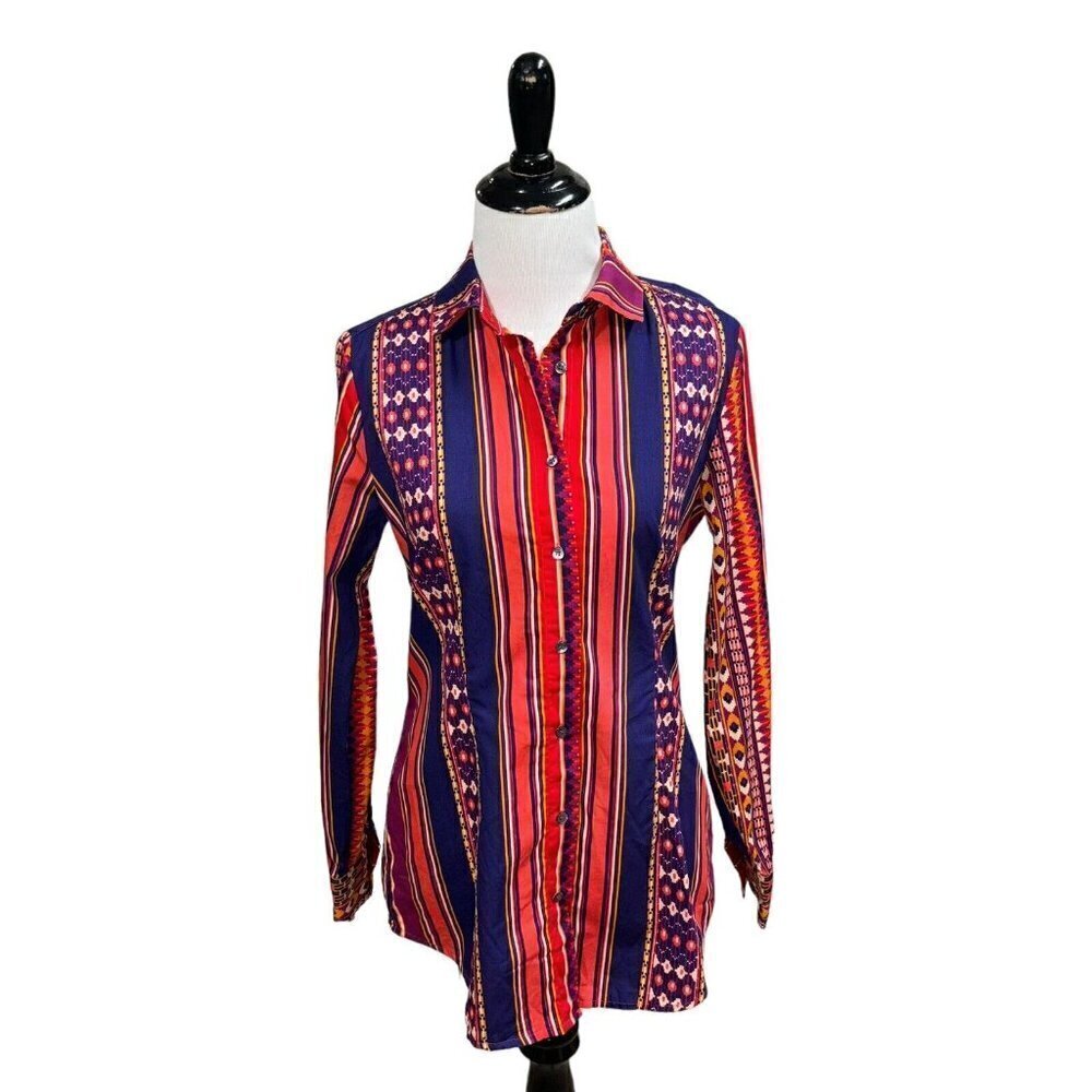 Tyler Böe Women's Size 0 Button Down Shirt Blouse Top Retro Print Long Sleeves